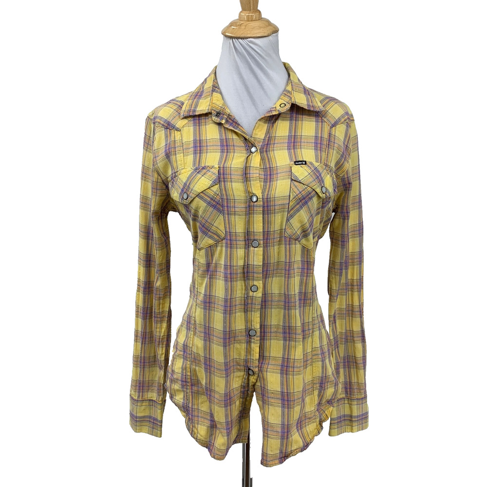 Hurley Shirt Women M Medium Multi Metallic Plaid Pearl Snap Smocked Back Western